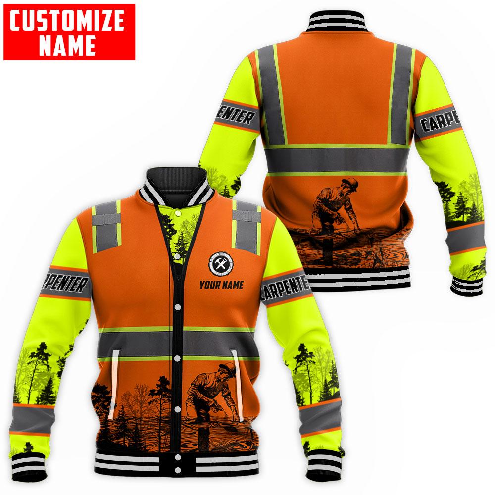 Personalized carpenter baseball jacket featuring orange vest print and woodworking scene all-over print