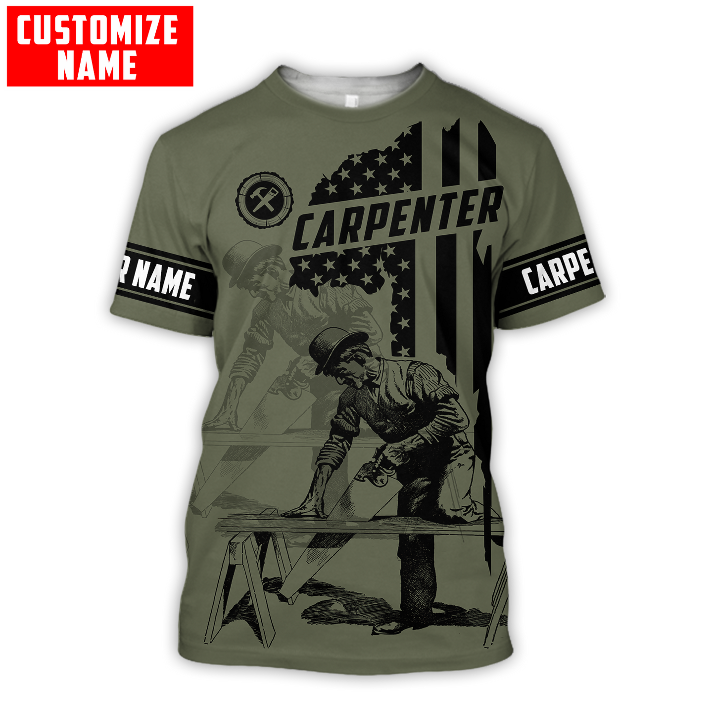 Personalized carpenter t-shirt featuring vintage trade all-over print