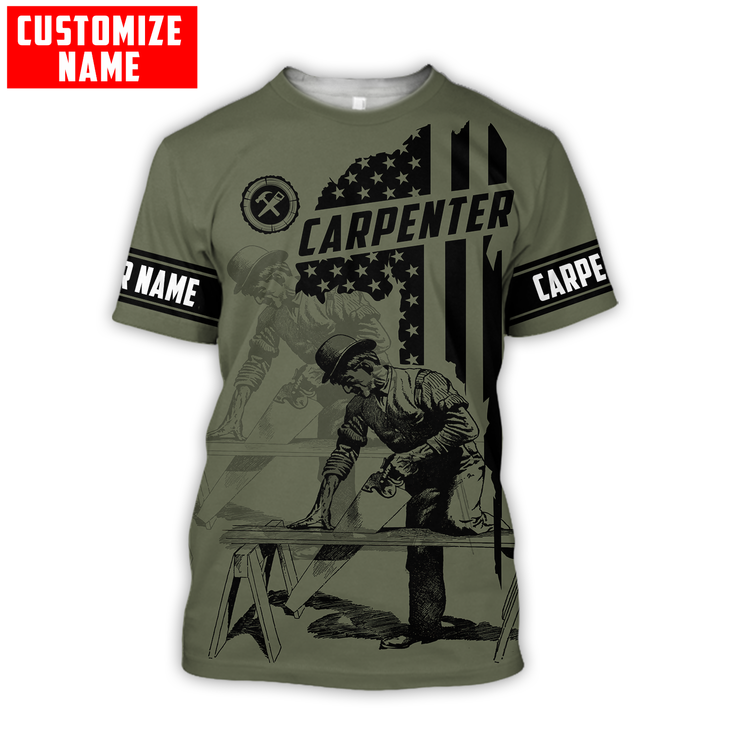 Personalized carpenter t-shirt featuring vintage trade all-over print