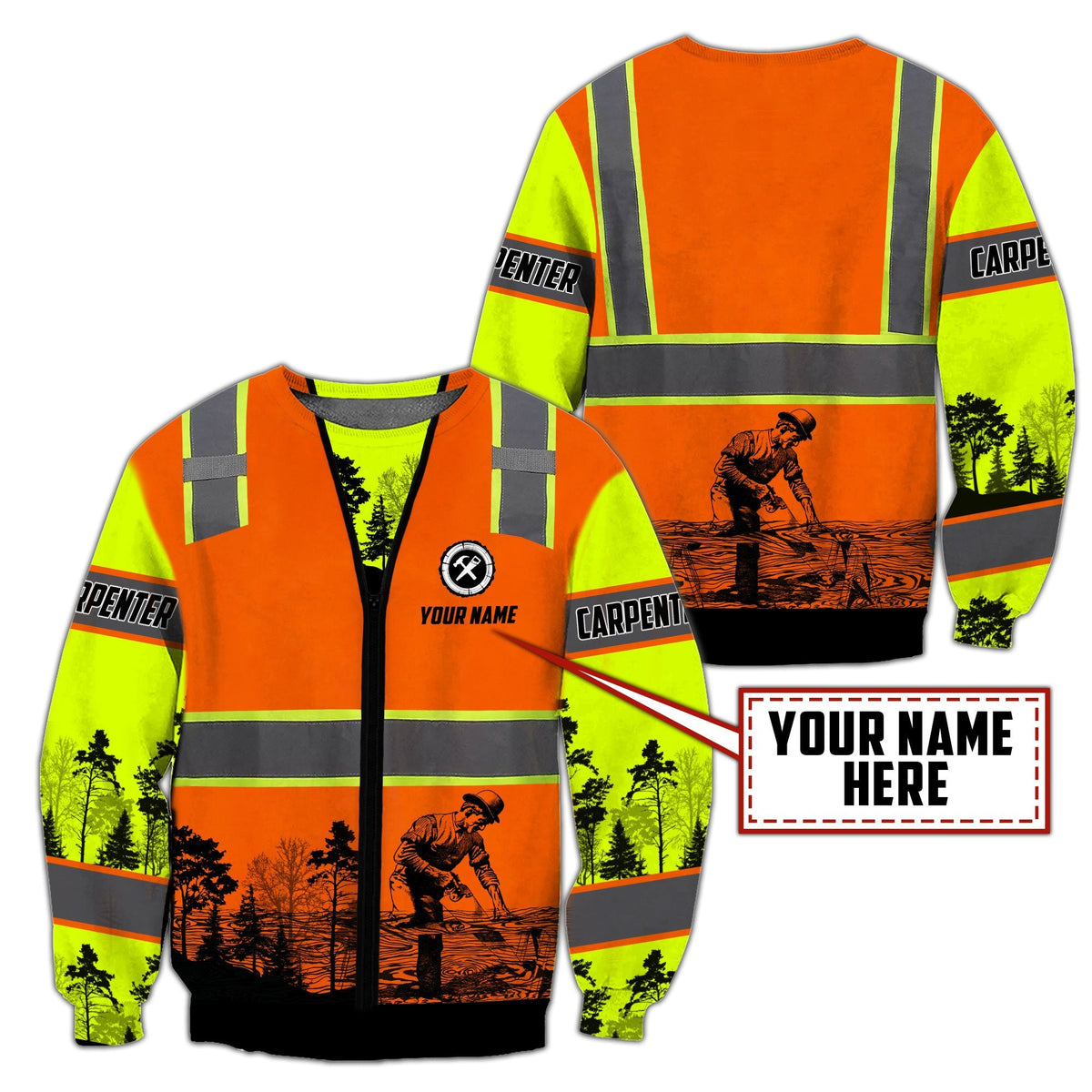 Personalized carpenter sweatshirt featuring orange vest print and woodworking scene all-over print