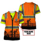 Personalized carpenter t-shirt featuring orange vest print and woodworking scene all-over print