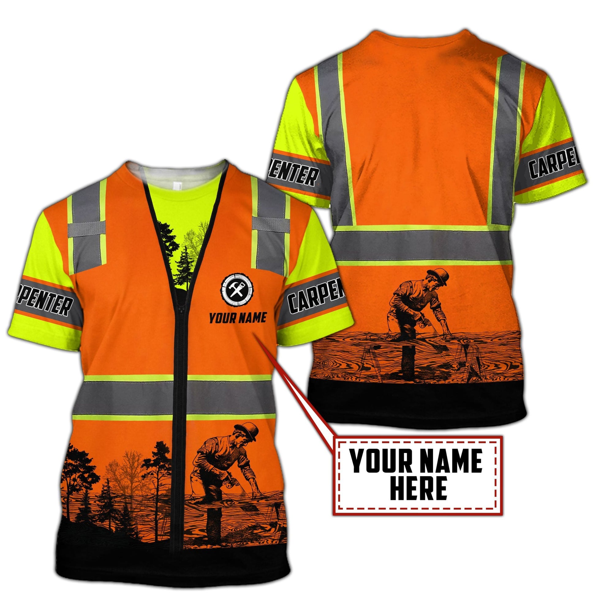 Personalized carpenter t-shirt featuring orange vest print and woodworking scene all-over print