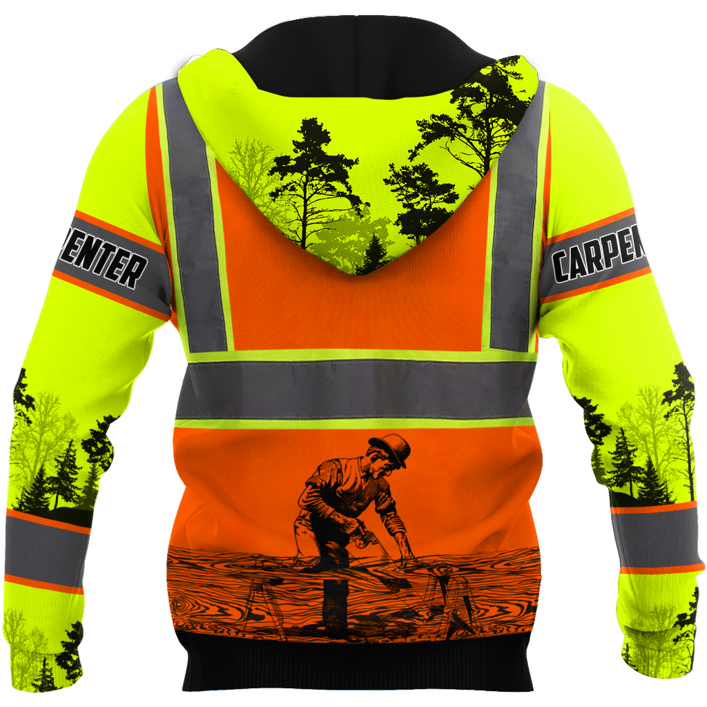 Personalized carpenter apparel featuring orange vest print and woodworking scene all-over print