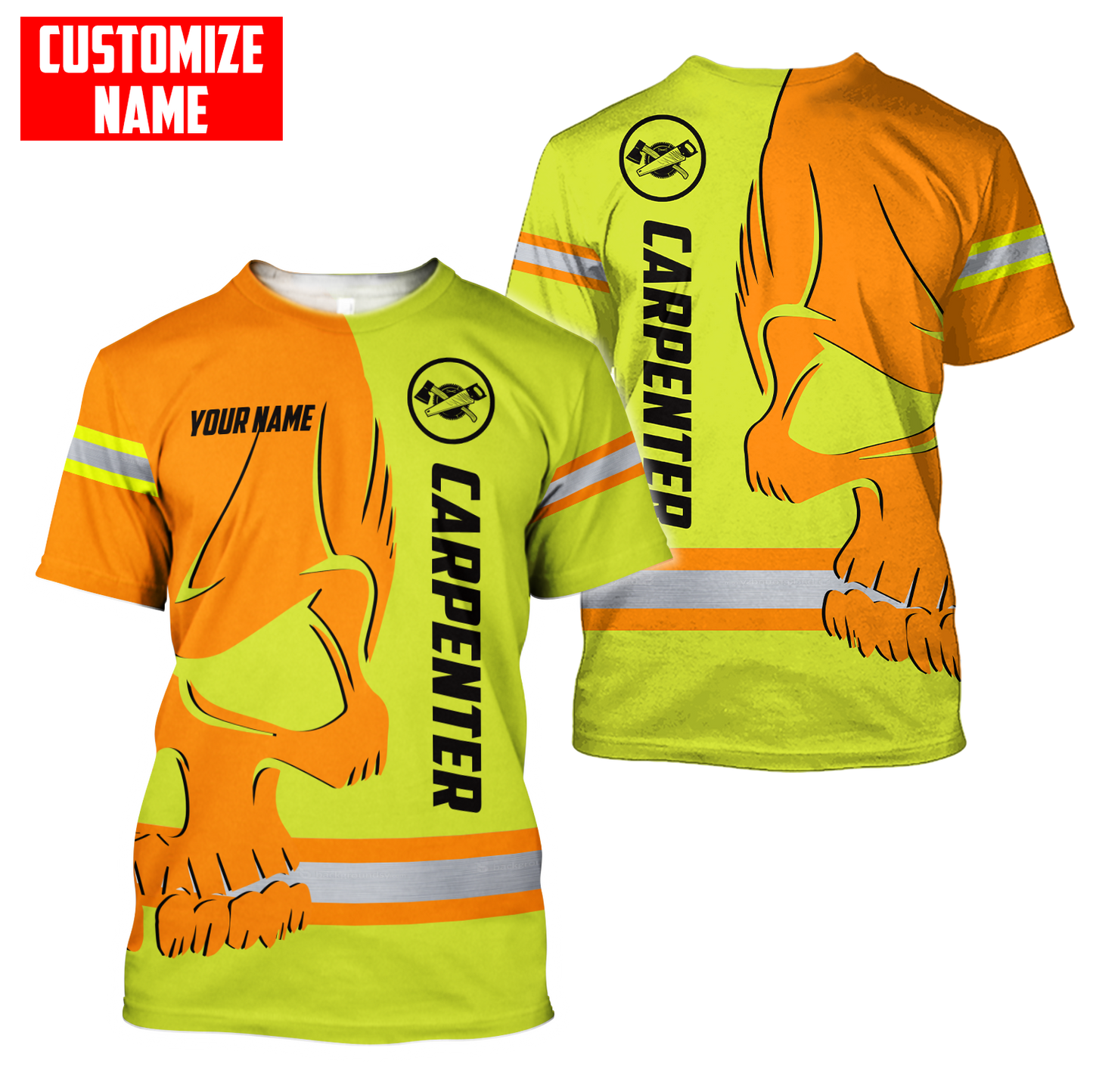 Personalized carpenter apparel featuring orange yellow skull and stripe print all-over print