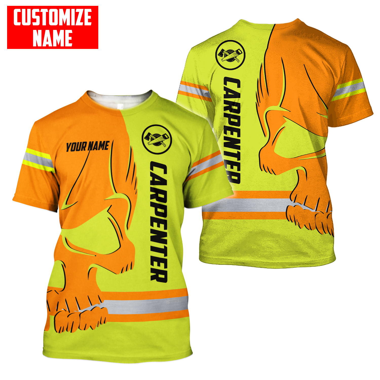 Personalized carpenter apparel featuring orange yellow skull and stripe print all-over print