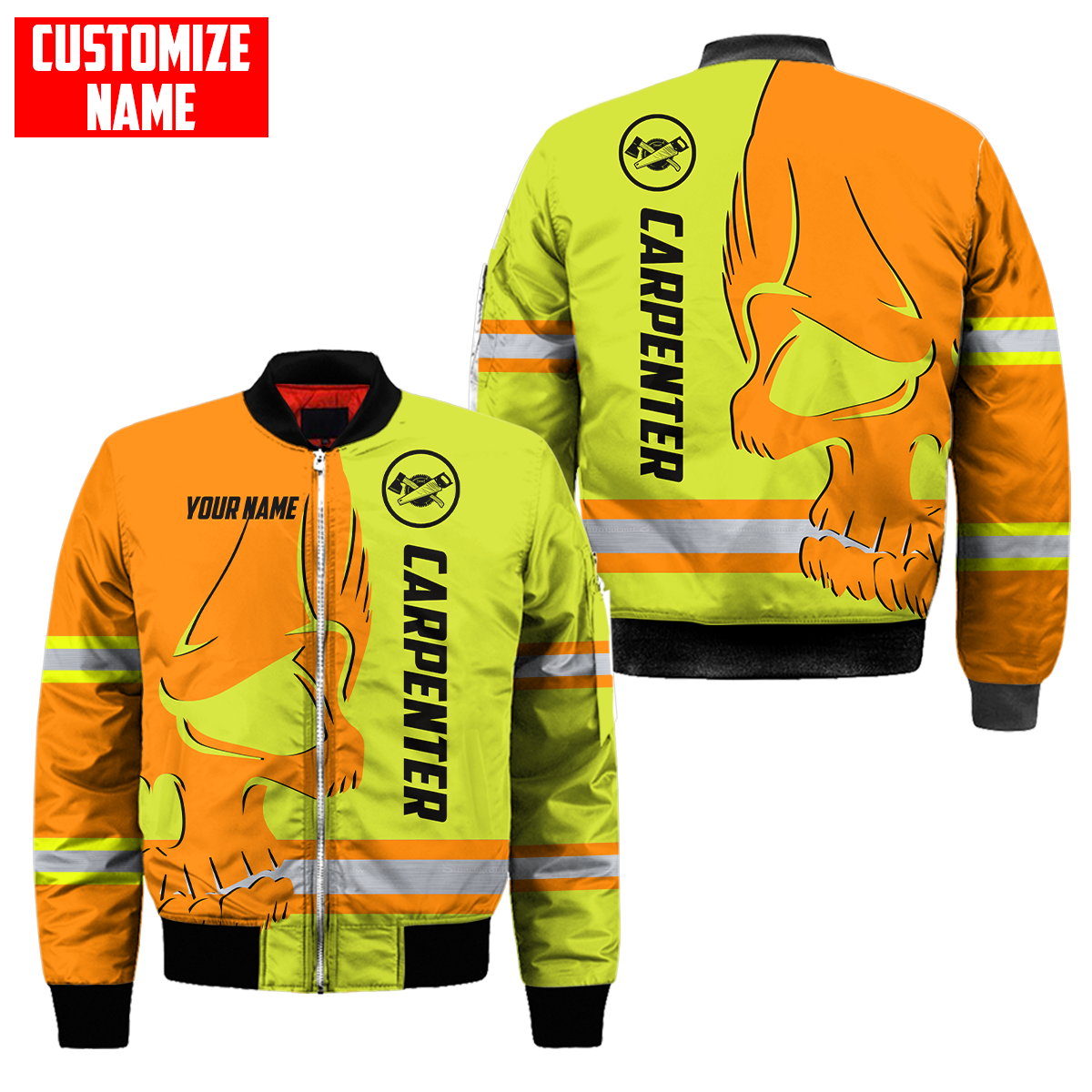Personalized carpenter bomber jacket featuring orange yellow skull and stripe print all-over print