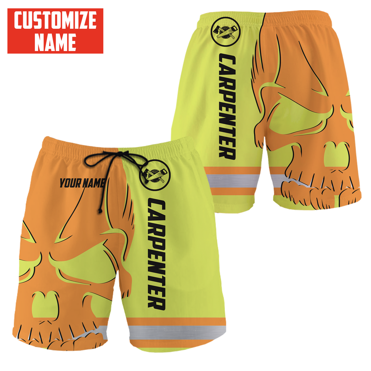 Personalized carpenter shorts featuring orange yellow skull and stripe print all-over print