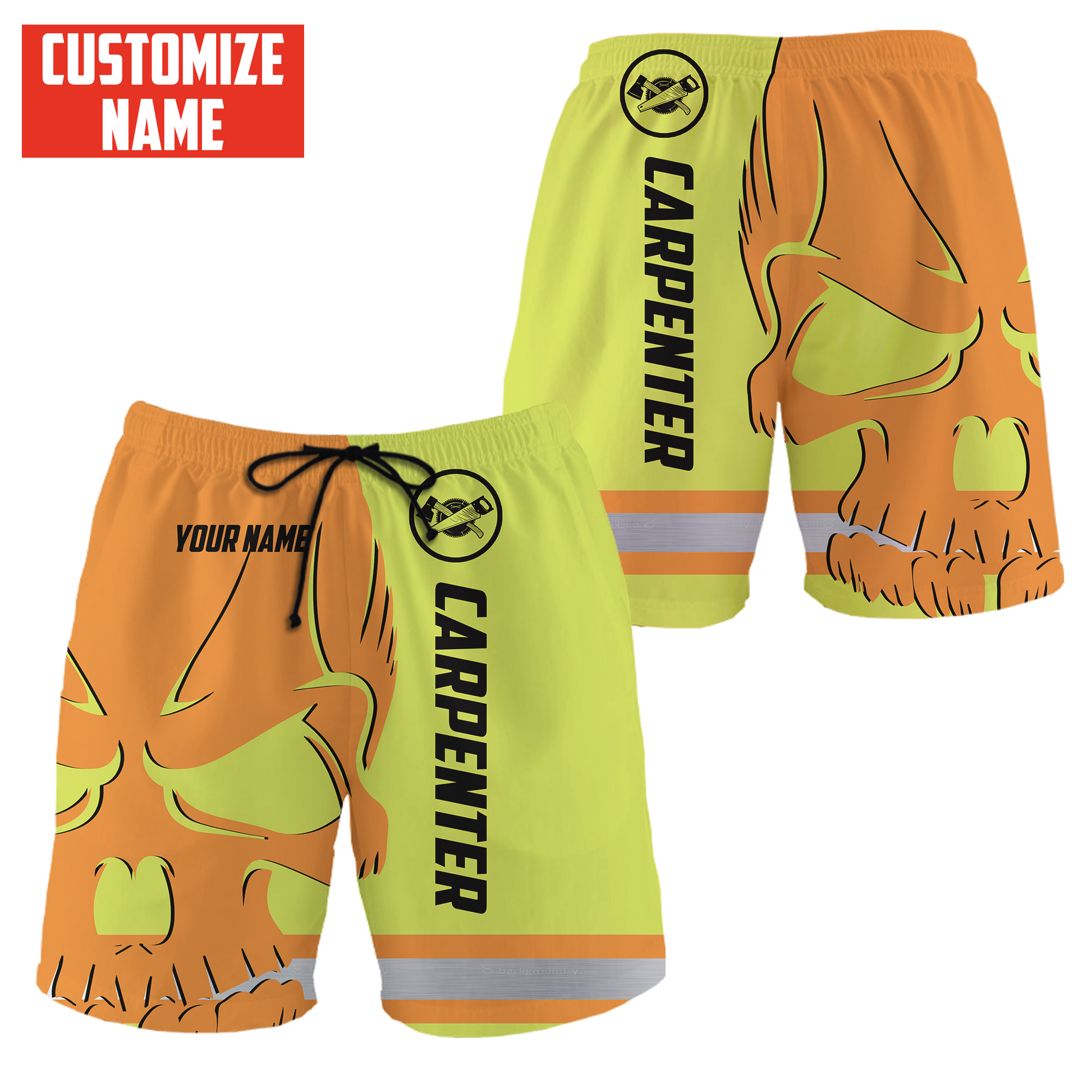 Personalized carpenter shorts featuring orange yellow skull and stripe print all-over print