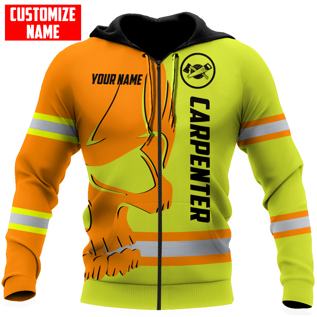 Personalized carpenter zip hoodie featuring orange yellow skull and stripe print all-over print