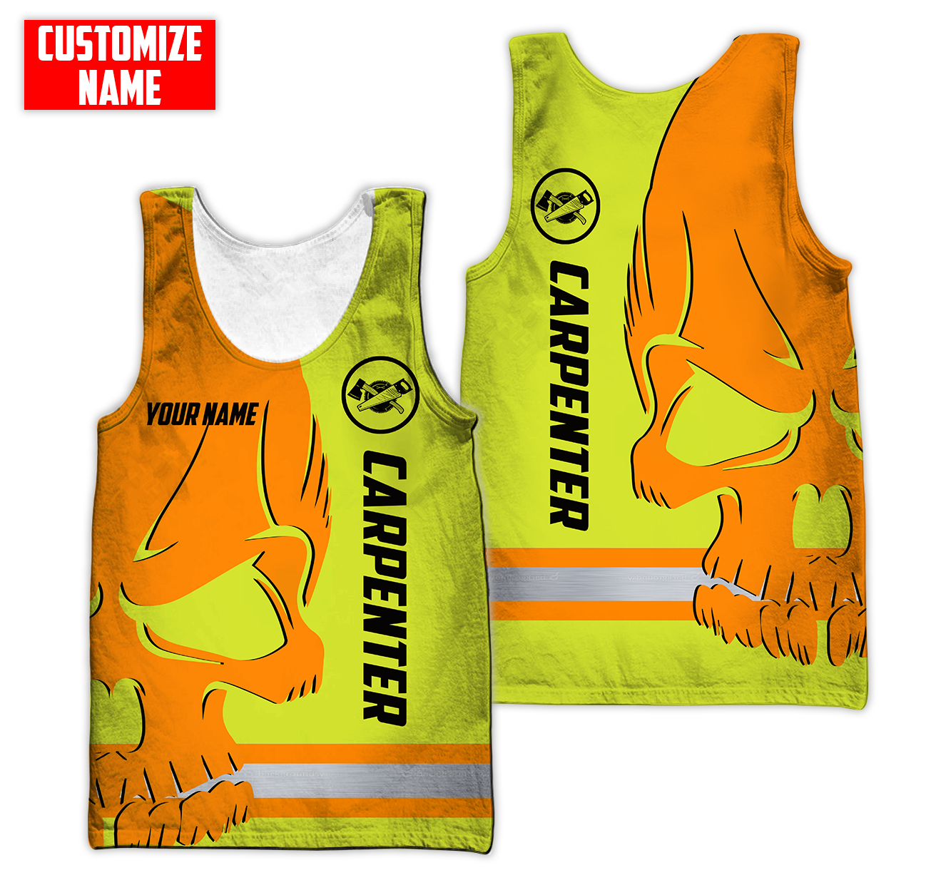 Personalized carpenter tank top featuring orange yellow skull and stripe print all-over print