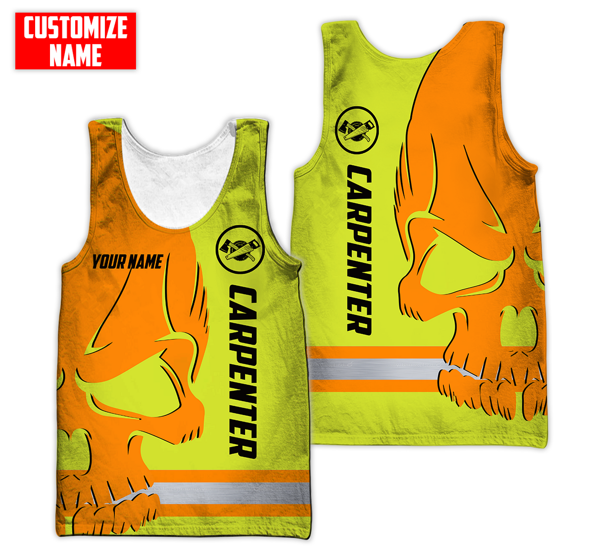 Personalized carpenter tank top featuring orange yellow skull and stripe print all-over print