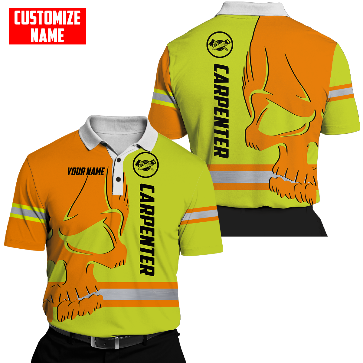 Personalized carpenter polo featuring orange yellow skull and stripe print all-over print