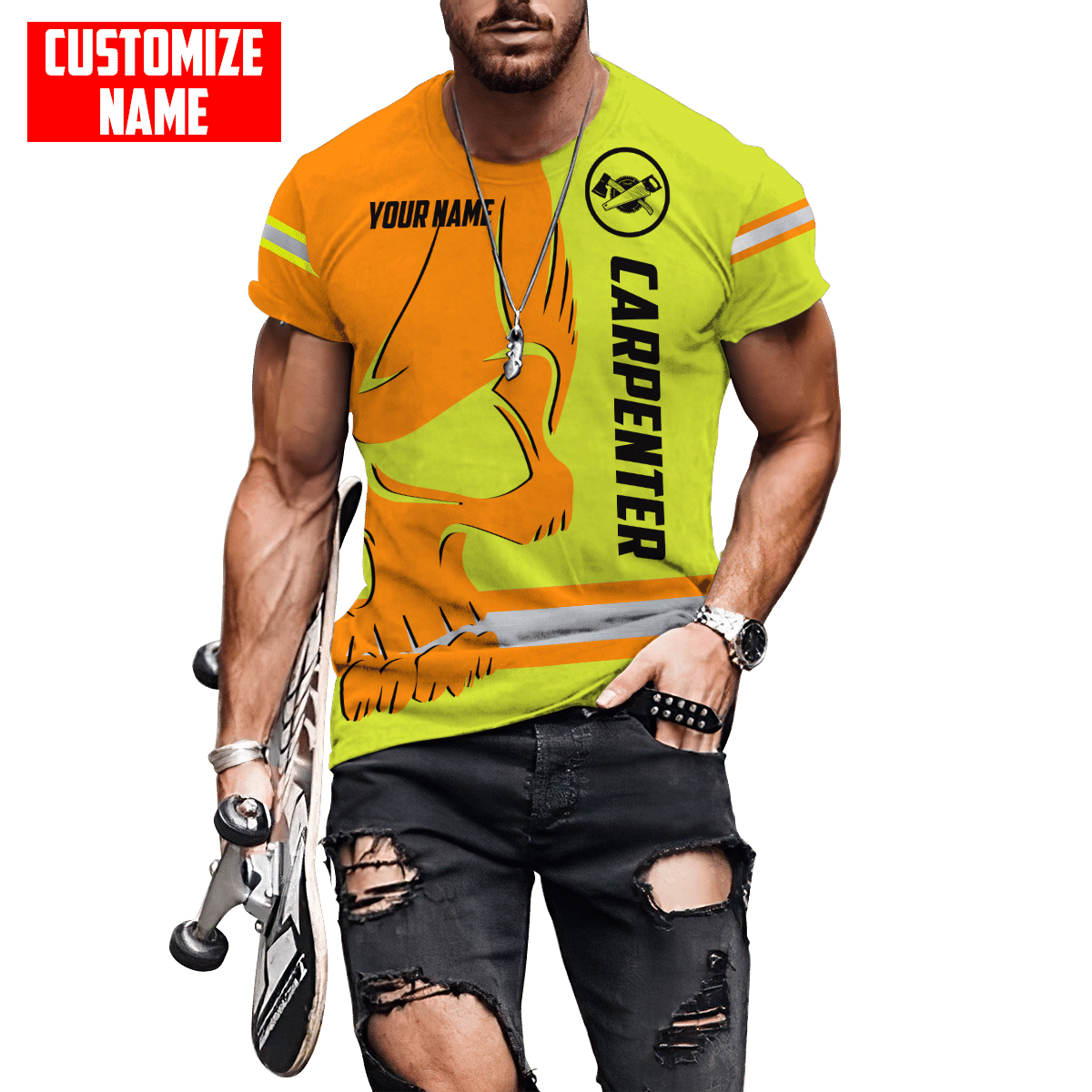 Personalized carpenter t-shirt featuring orange yellow skull and stripe print all-over print