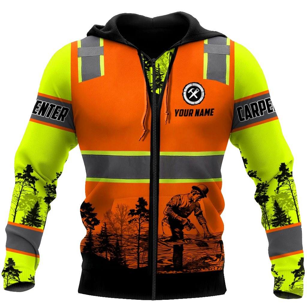 Personalized carpenter zip hoodie featuring orange vest print and woodworking scene all-over print