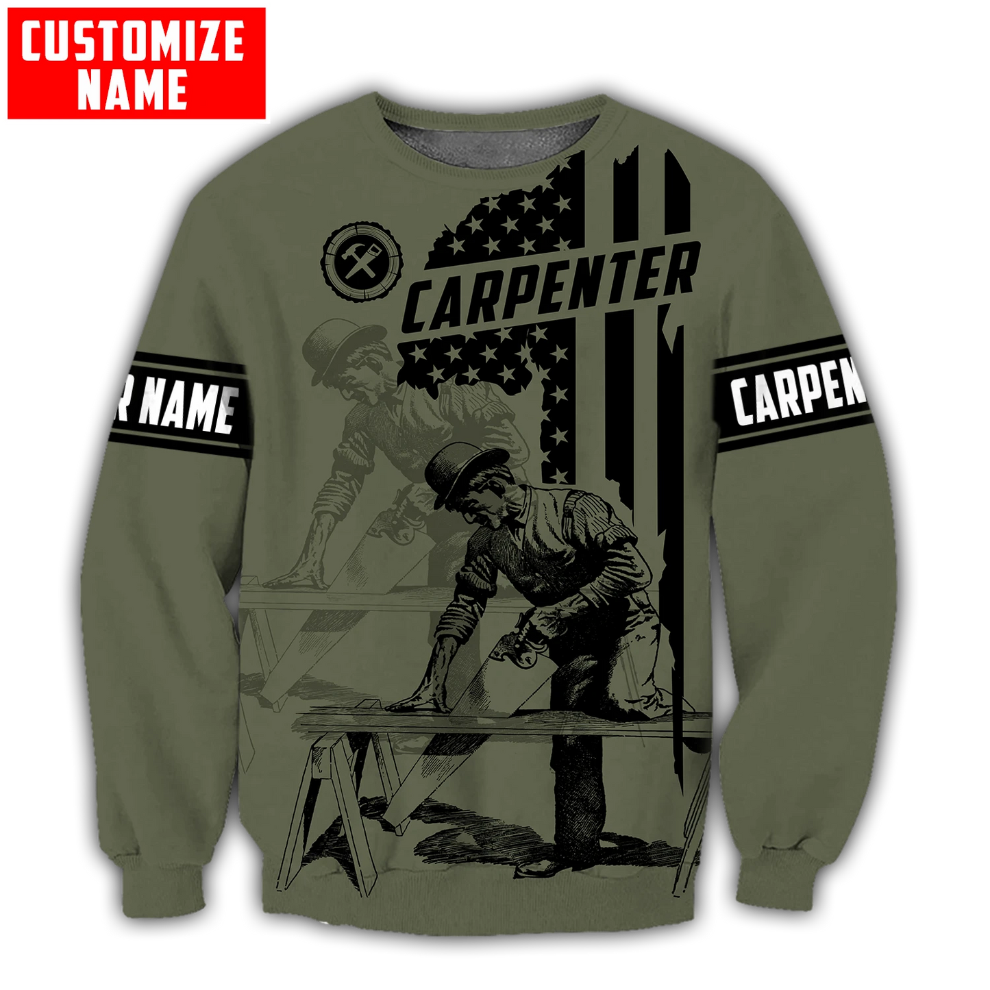 Personalized carpenter sweatshirt featuring vintage trade all-over print