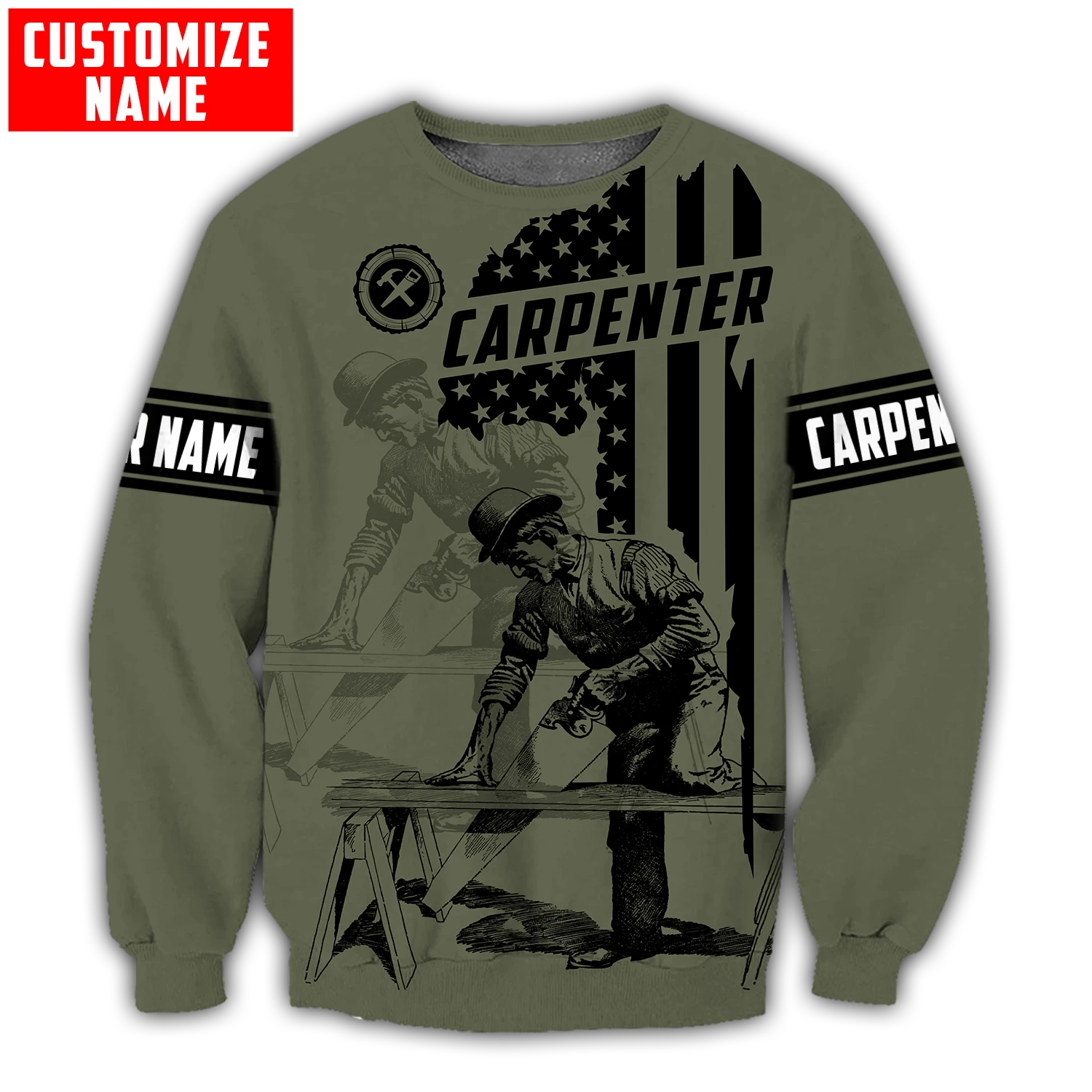 Personalized carpenter sweatshirt featuring vintage trade all-over print