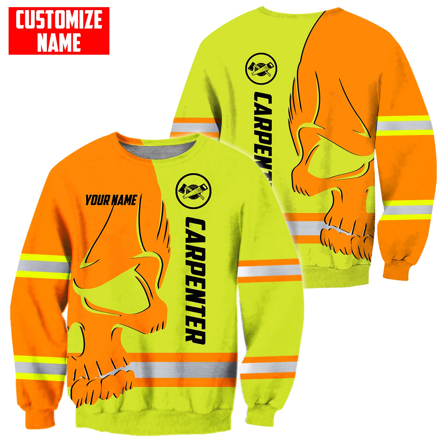 Personalized carpenter sweatshirt featuring orange yellow skull and stripe print all-over print