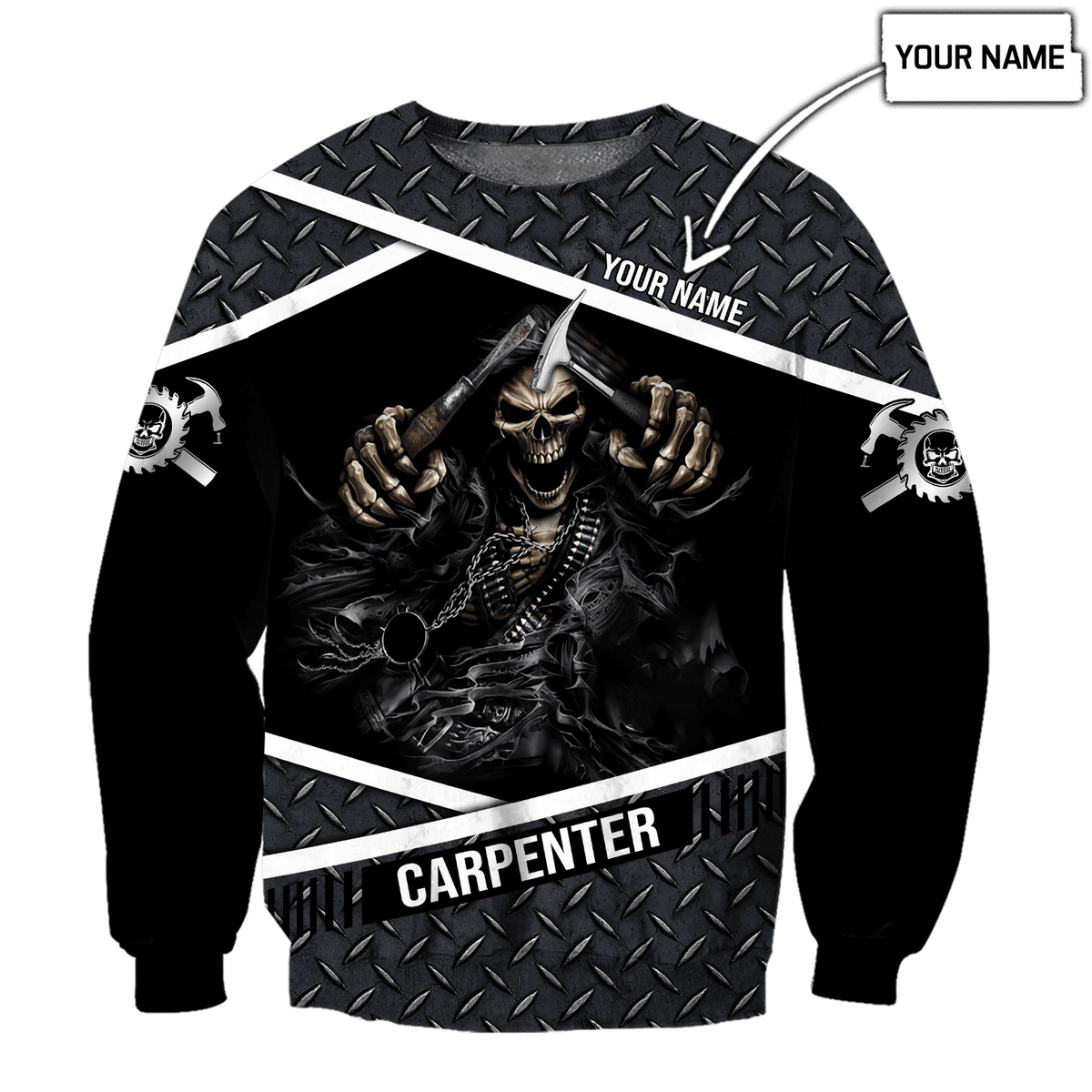 Personalized carpenter sweatshirt featuring metal skull all-over print