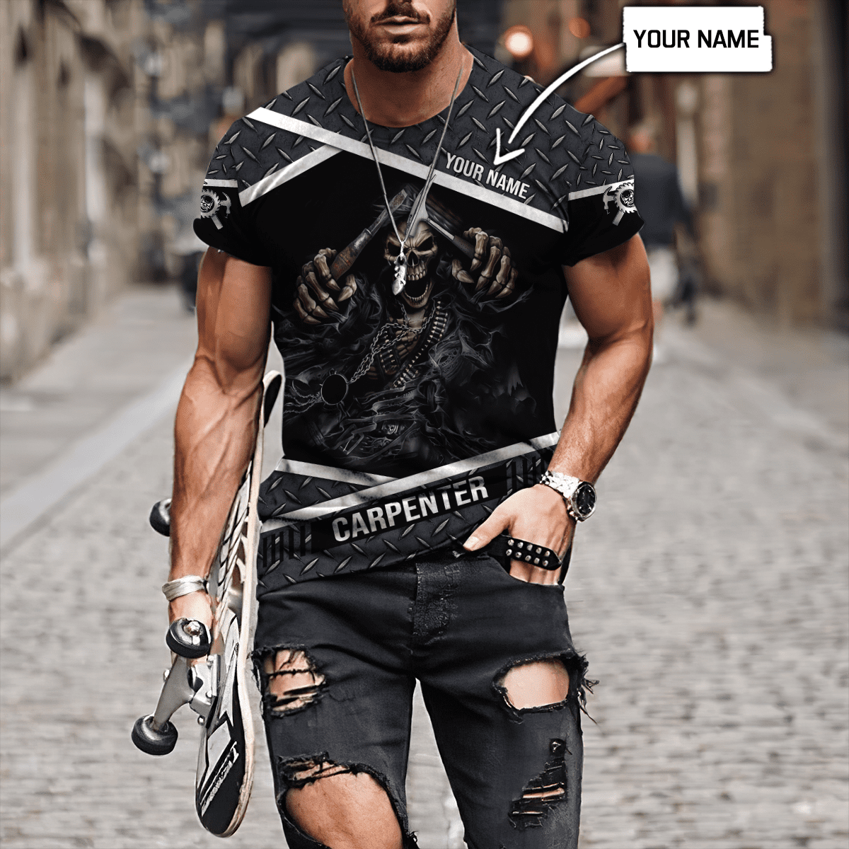 Personalized carpenter apparel featuring metal skull all-over print