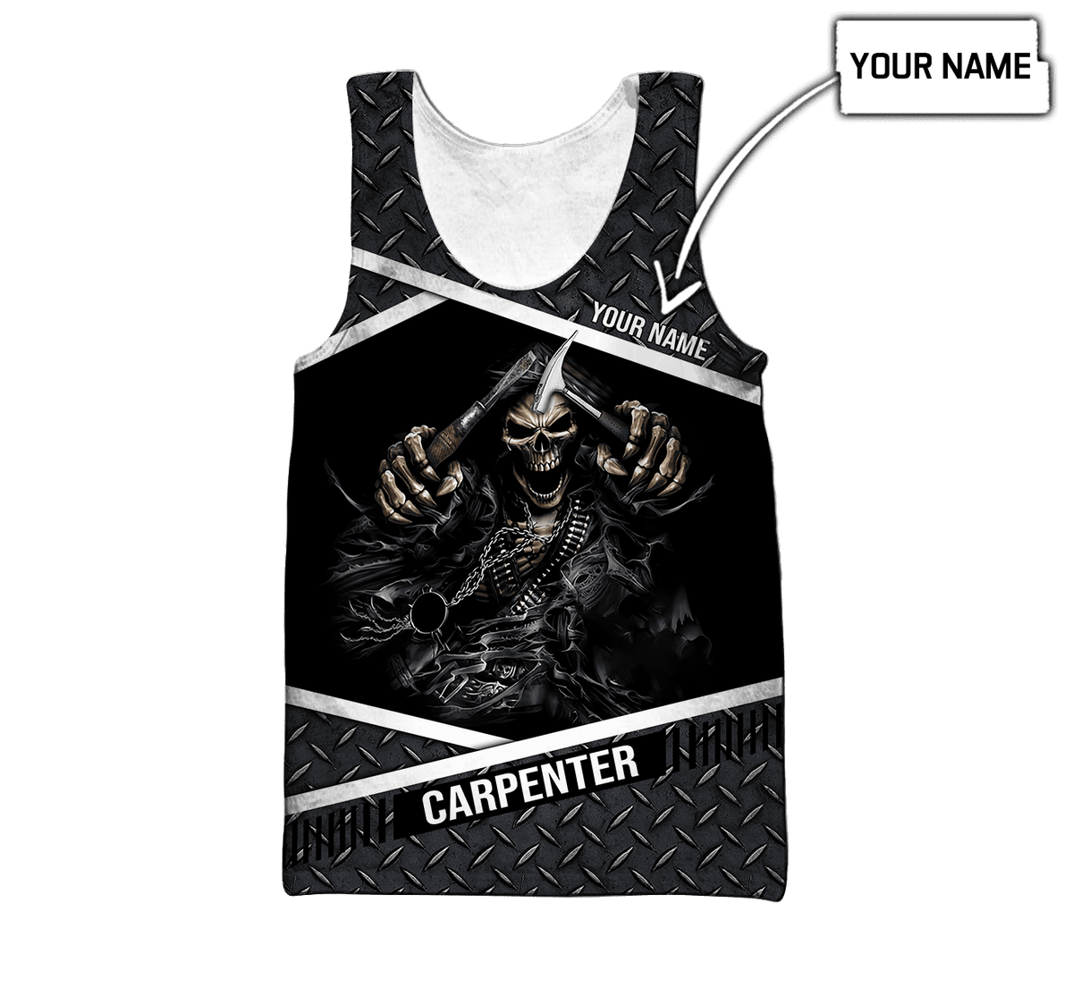 Personalized carpenter tank top featuring metal skull all-over print