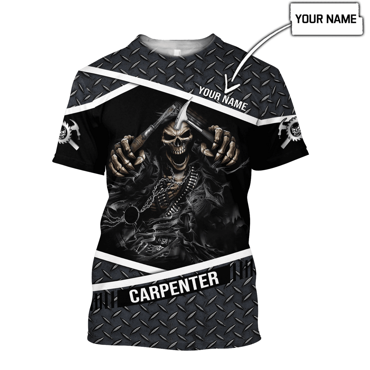 Personalized carpenter t-shirt featuring metal skull all-over print