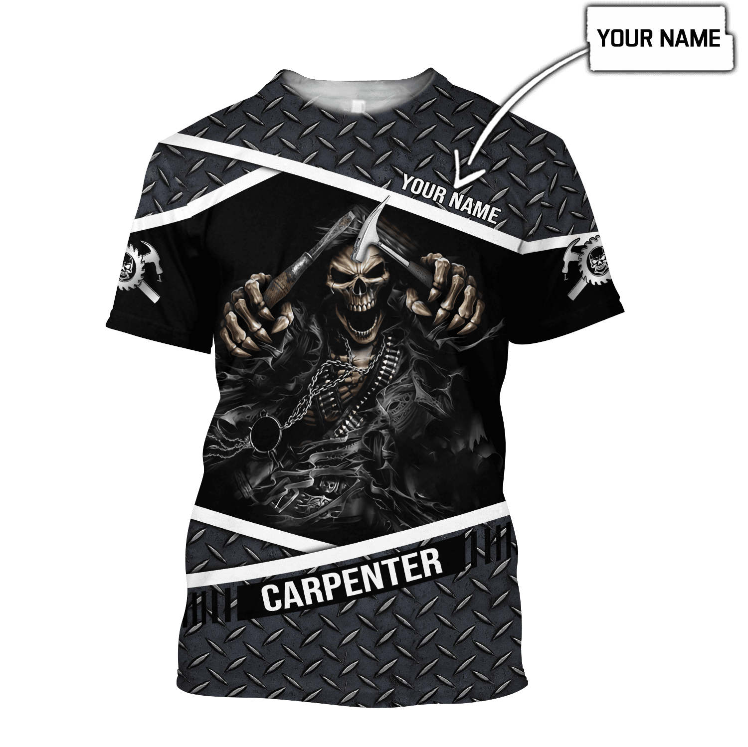 Personalized carpenter t-shirt featuring metal skull all-over print