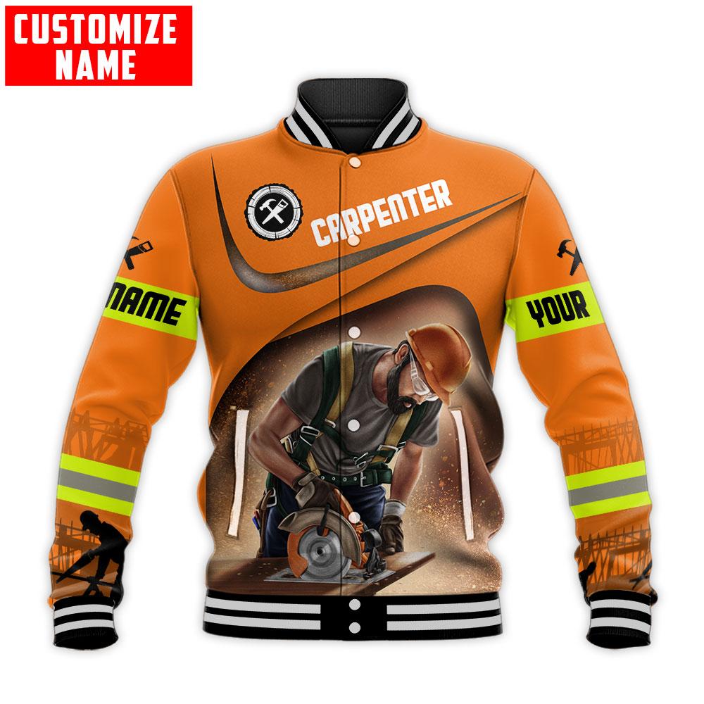 Personalized carpenter baseball jacket featuring orange woodworking tools all-over print