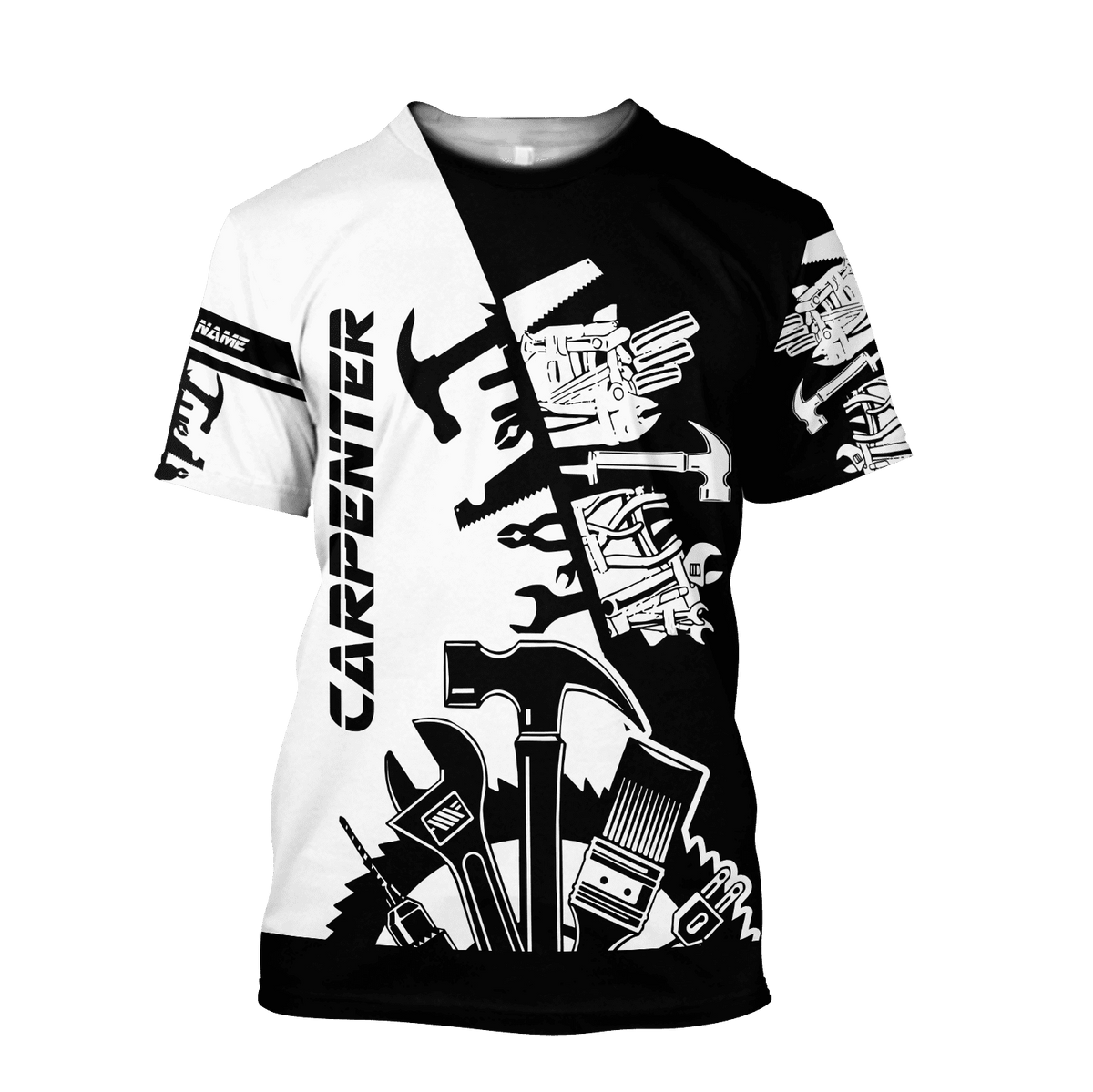 Personalized carpenter t-shirt featuring black white tools all-over print