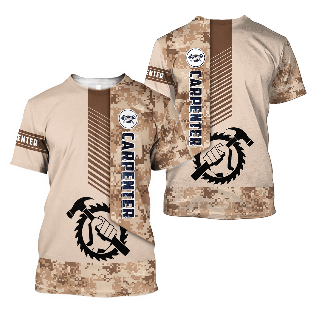 Personalized carpenter t-shirt featuring brown camo all-over print