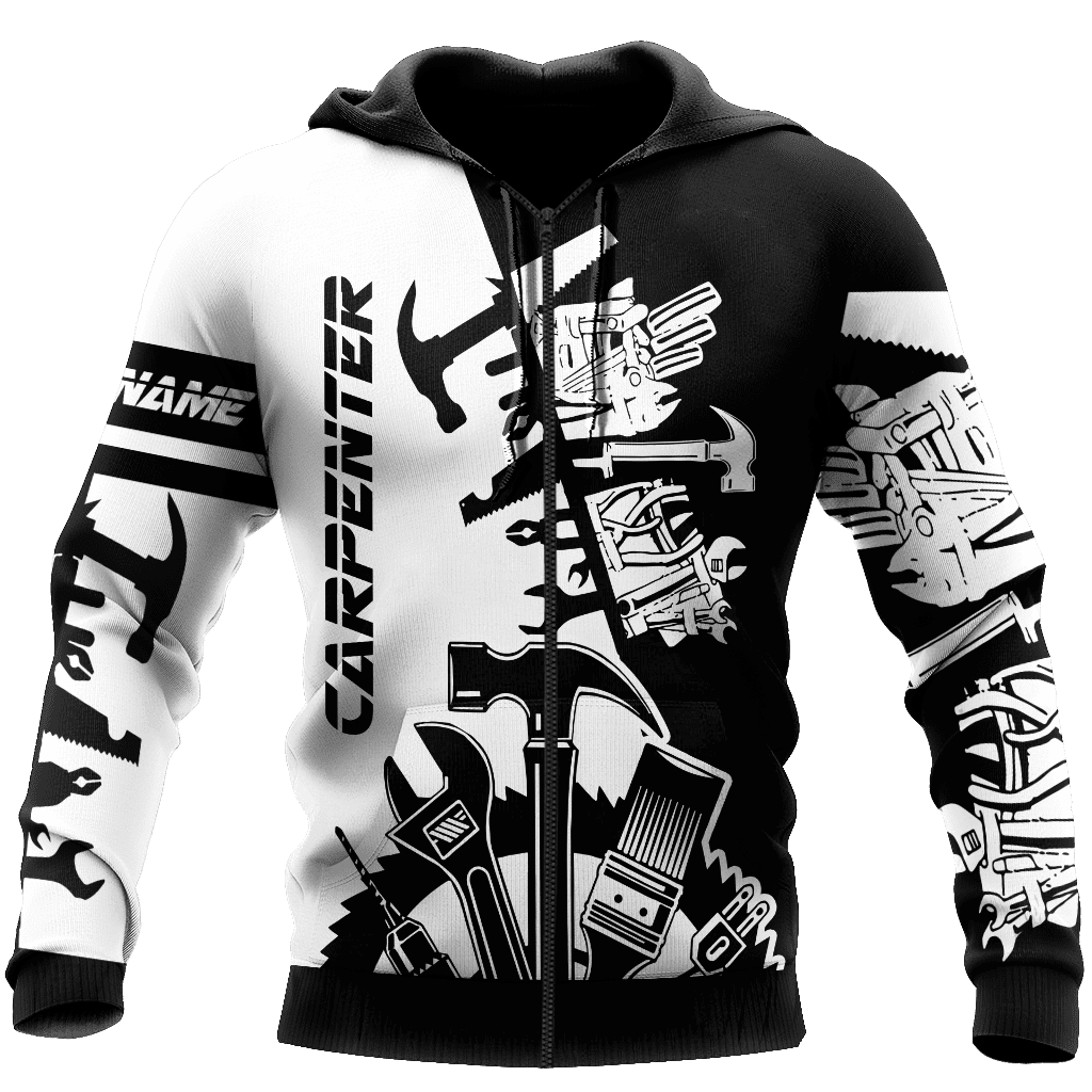 Personalized carpenter zip hoodie featuring black white tools all-over print