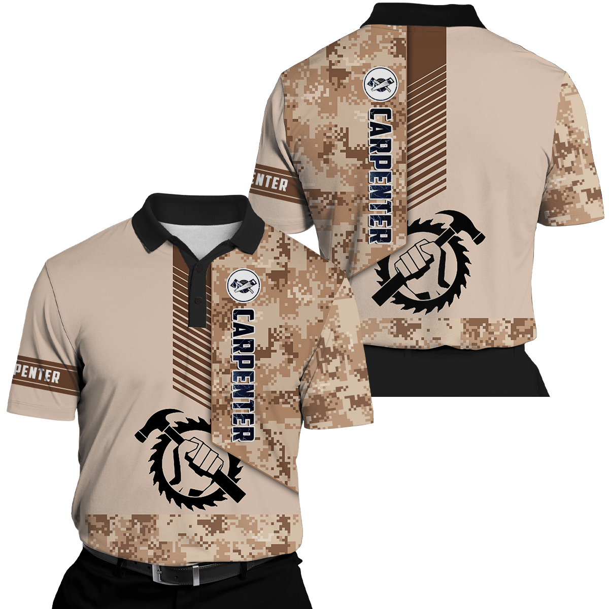 Personalized carpenter polo featuring brown camo all-over print