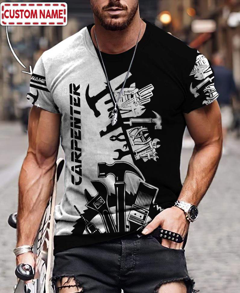 Personalized carpenter apparel featuring black white tools all-over print