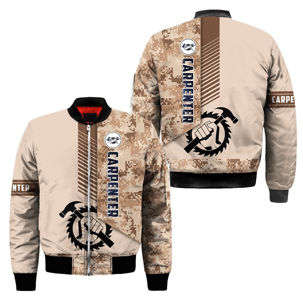 Personalized carpenter bomber jacket featuring brown camo all-over print
