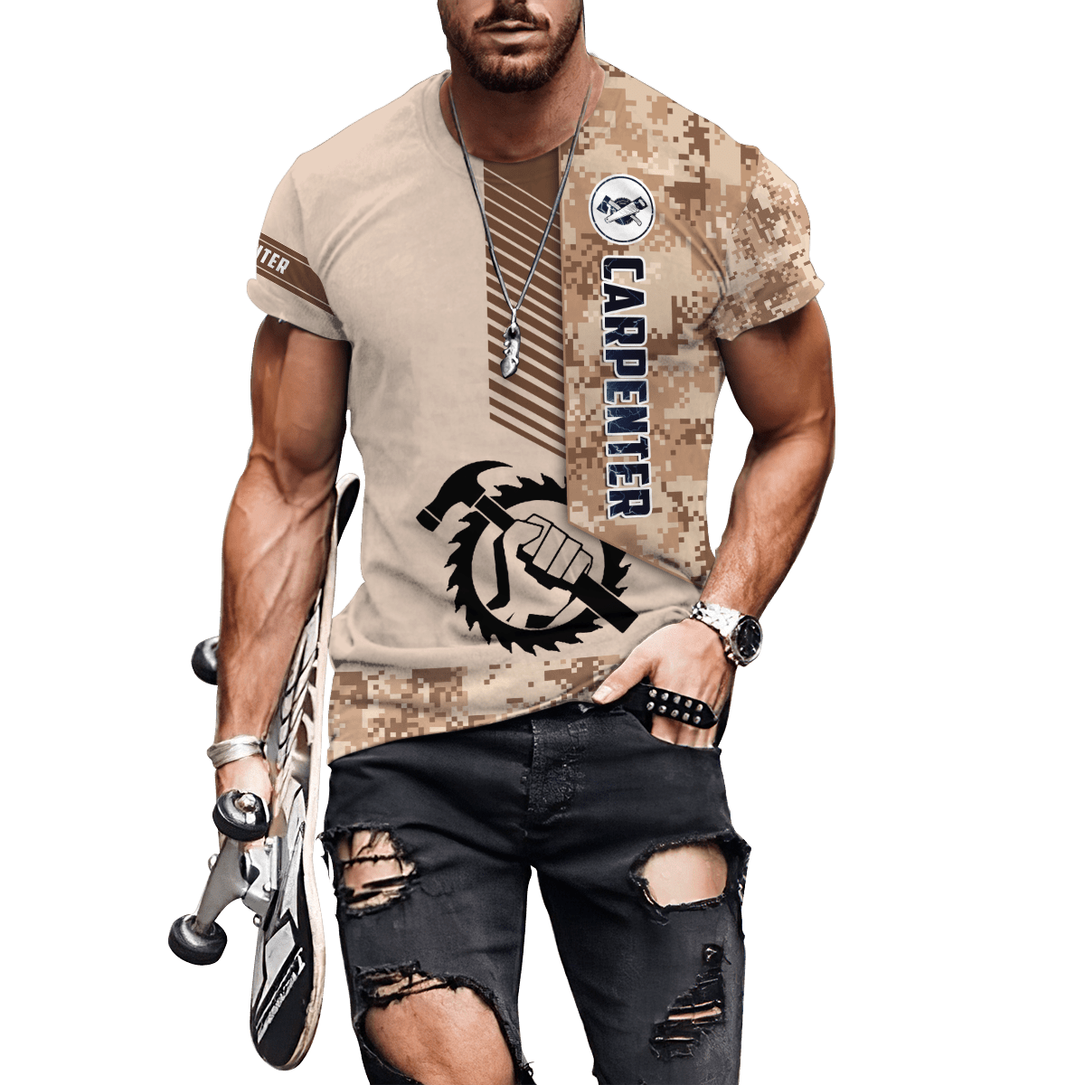 Personalized carpenter apparel featuring brown camo all-over print