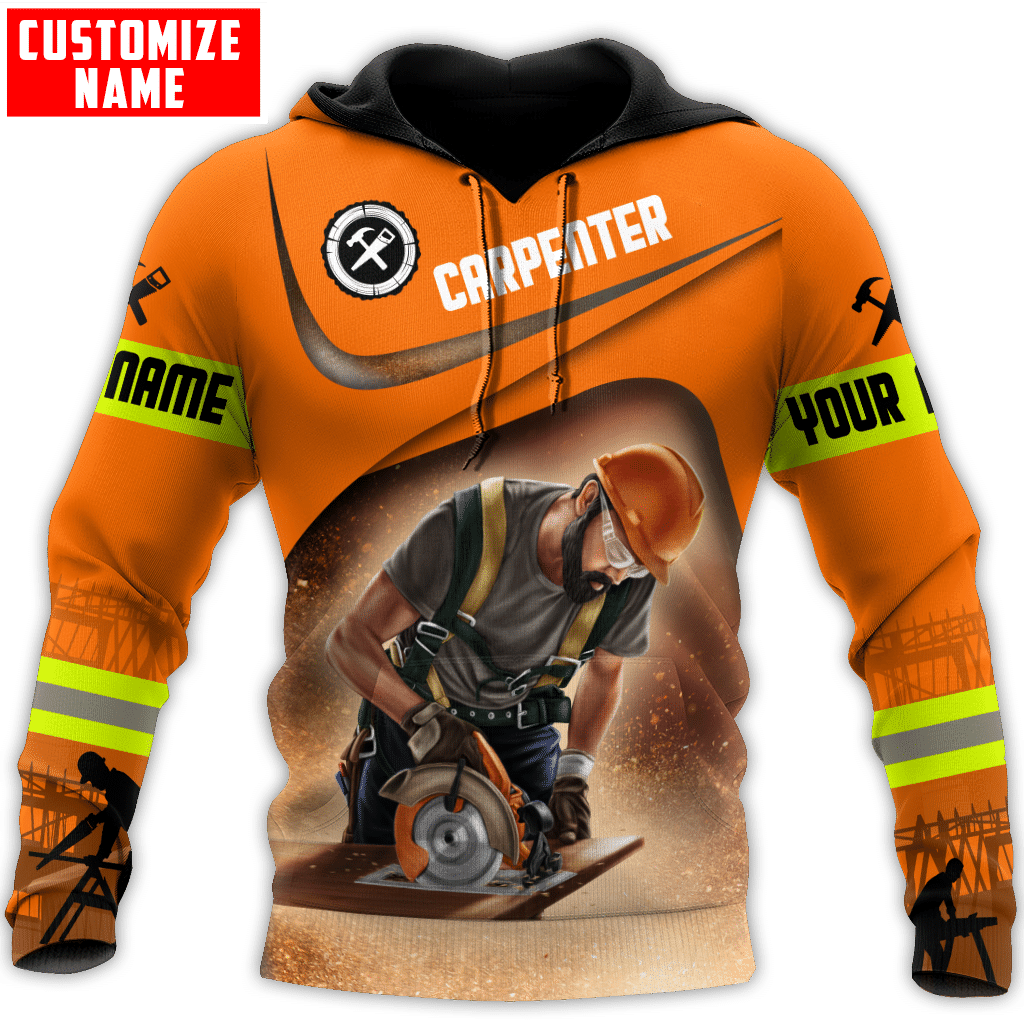 Personalized carpenter hoodie featuring orange woodworking tools all-over print
