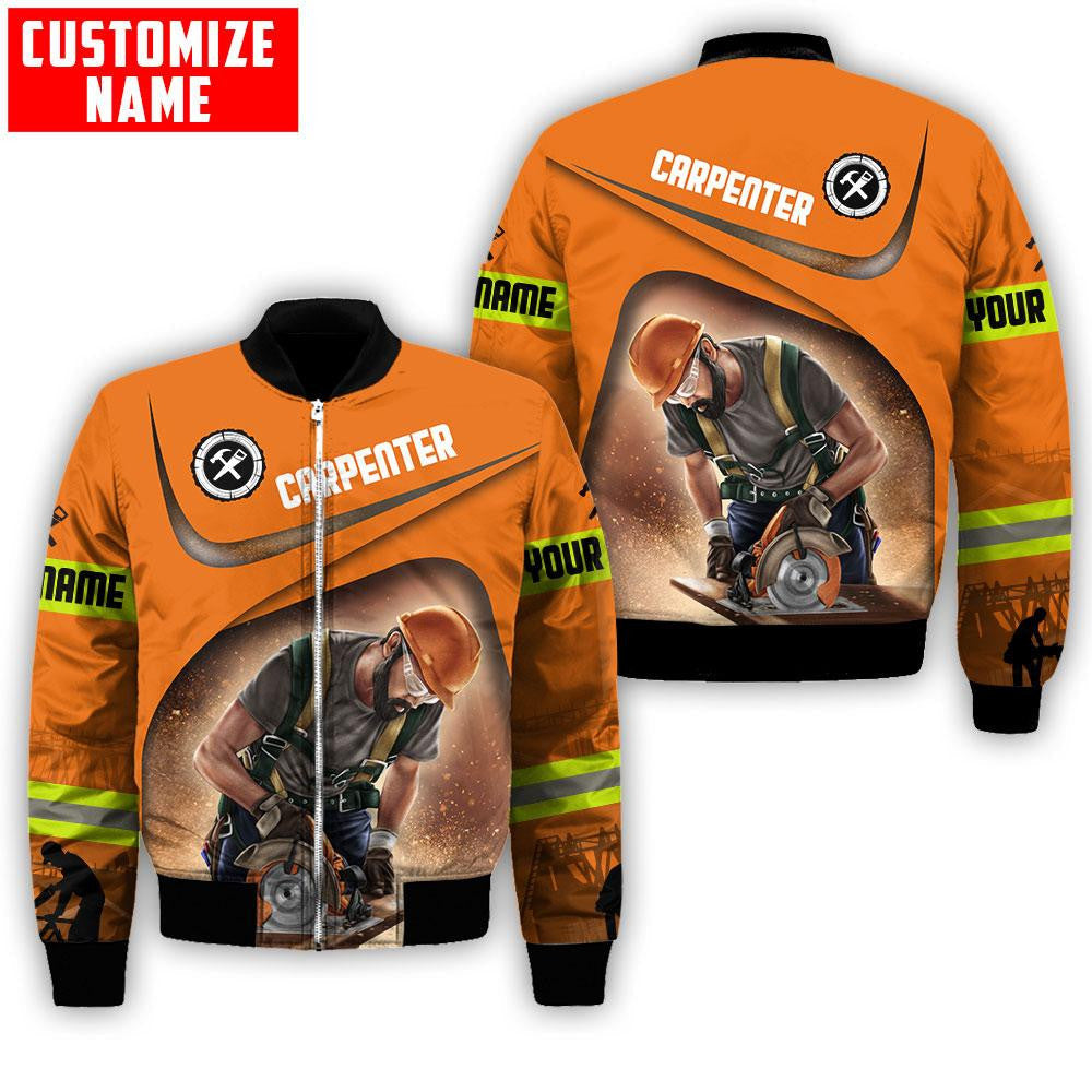 Personalized carpenter bomber jacket featuring orange woodworking tools all-over print