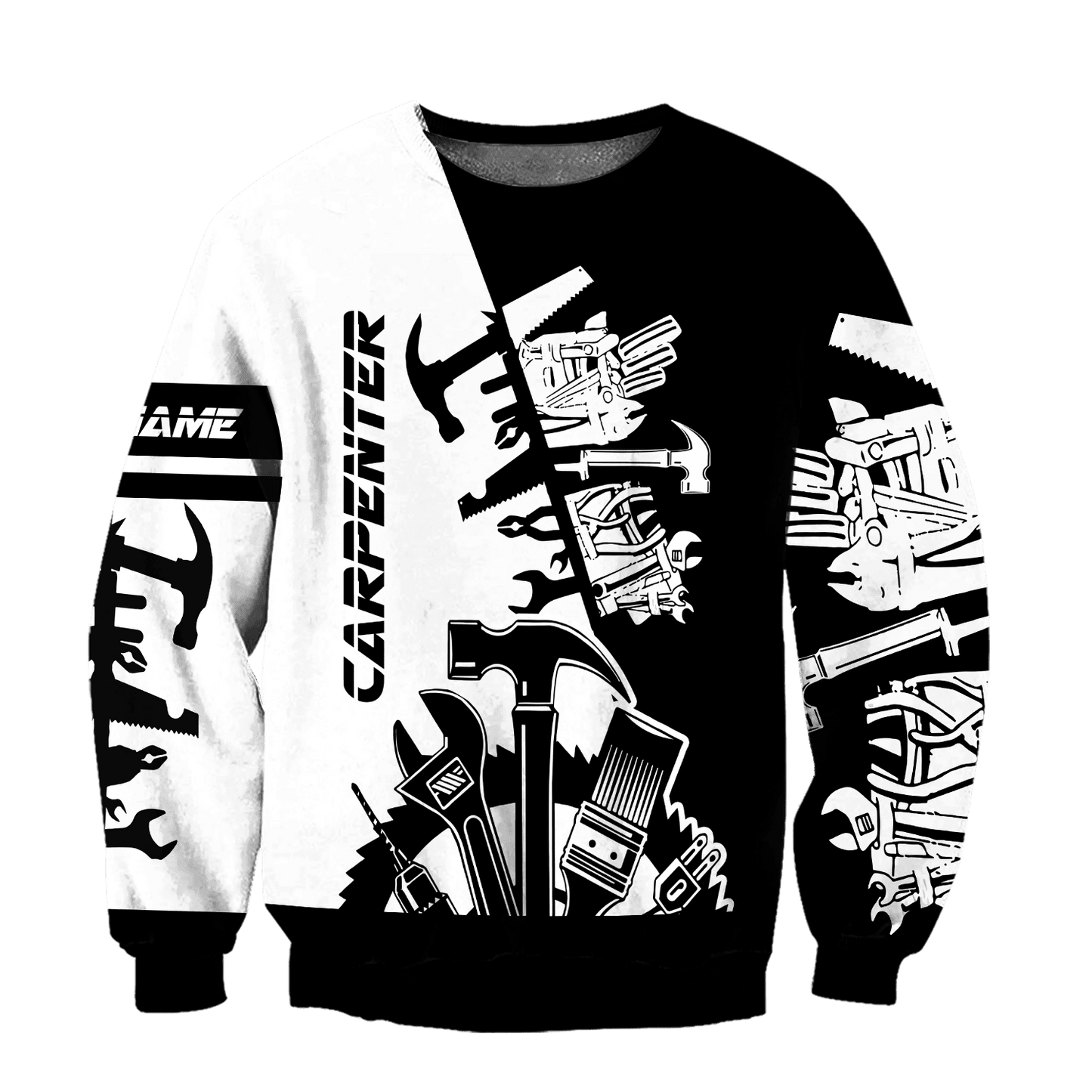 Personalized carpenter sweatshirt featuring black white tools all-over print