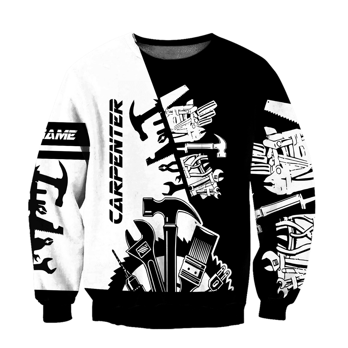 Personalized carpenter sweatshirt featuring black white tools all-over print