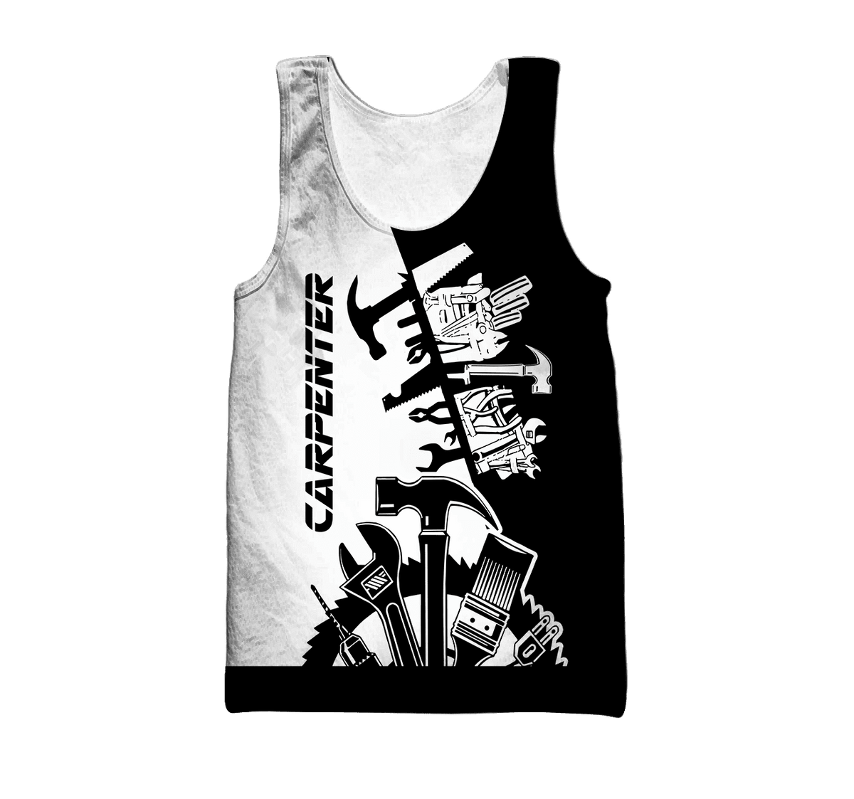 Personalized carpenter tank top featuring black white tools all-over print