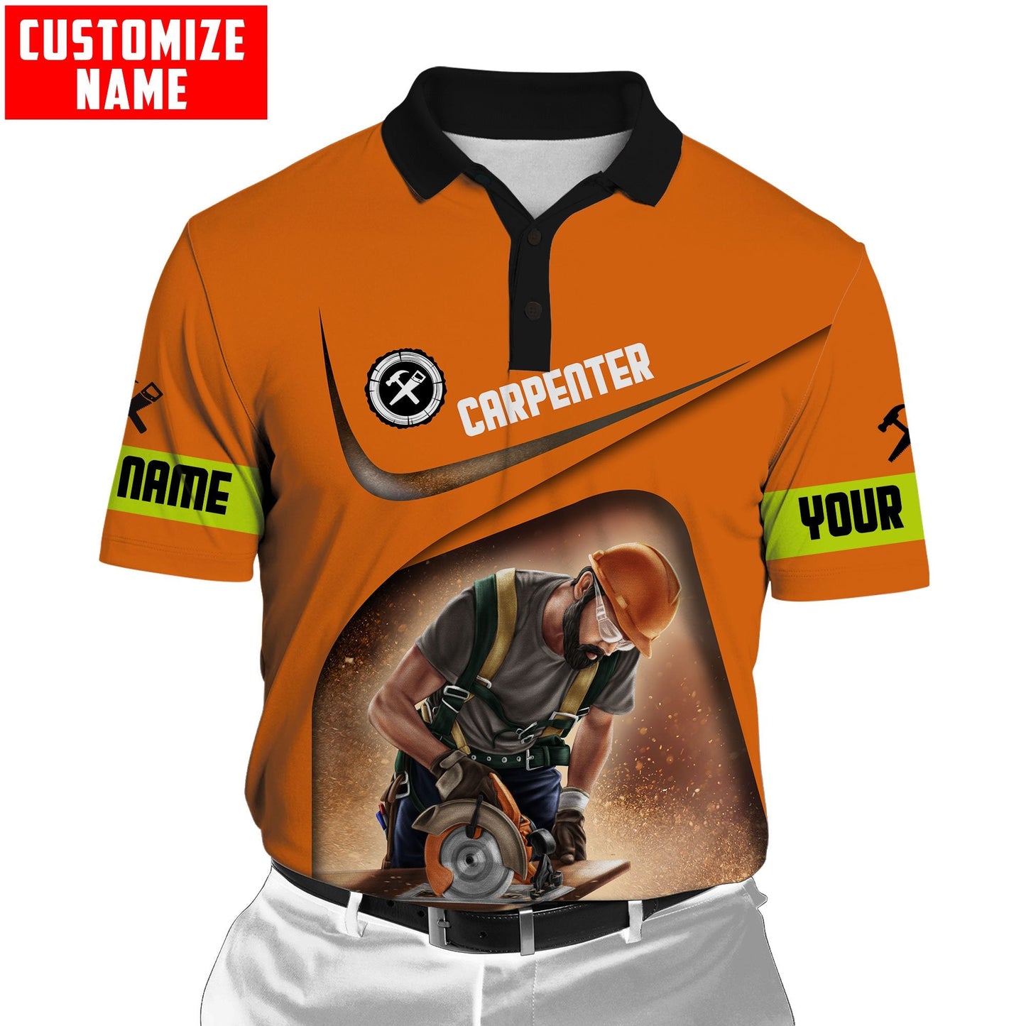 Personalized carpenter polo featuring orange woodworking tools all-over print