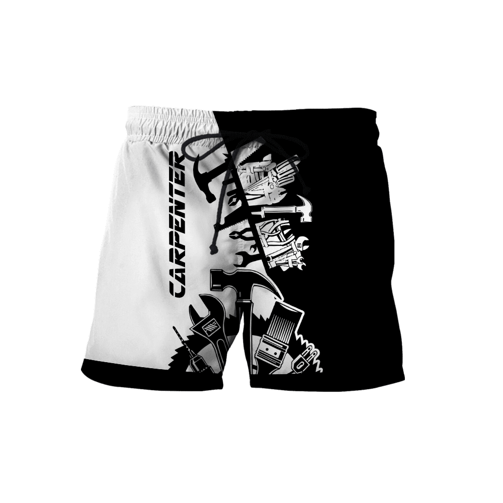 Personalized carpenter shorts featuring black white tools all-over print