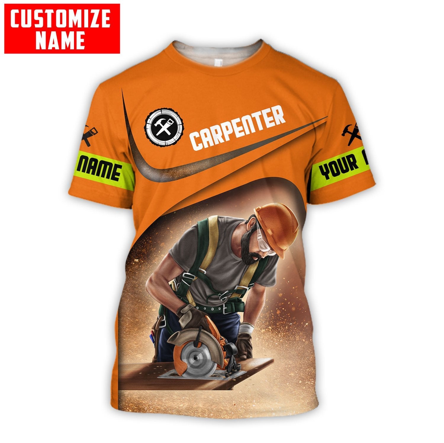 Personalized carpenter t-shirt featuring orange woodworking tools all-over print