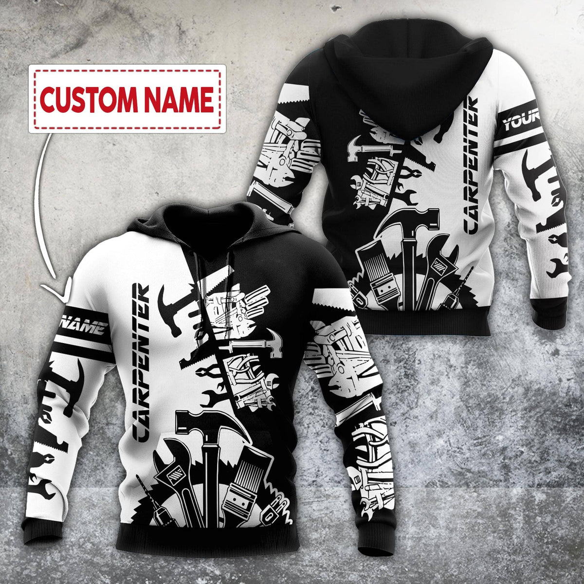 Personalized carpenter apparel featuring black white tools all-over print