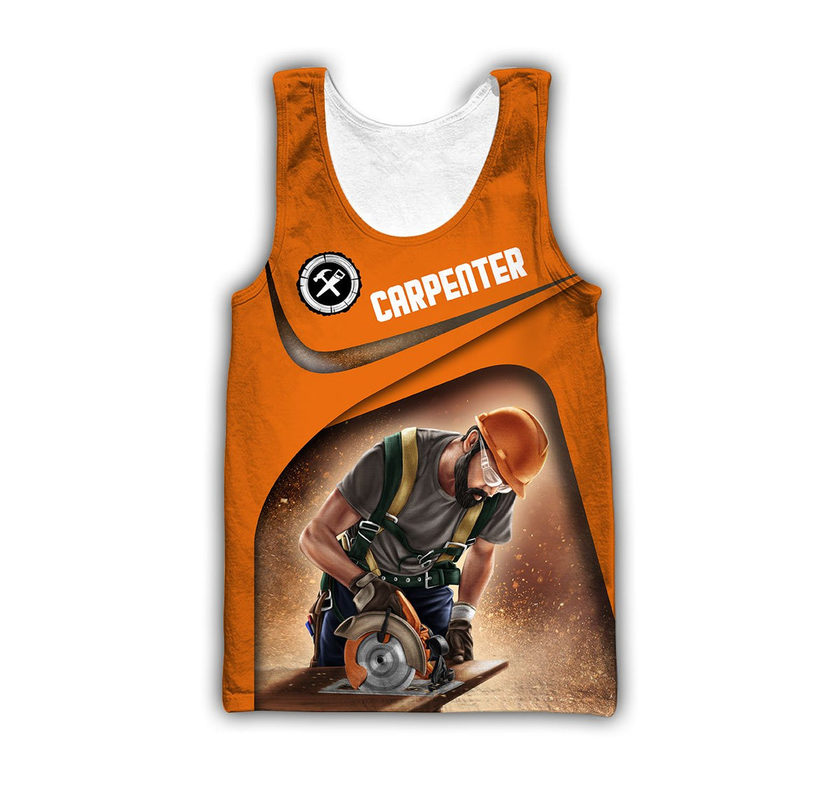 Personalized carpenter tank top featuring orange woodworking tools all-over print