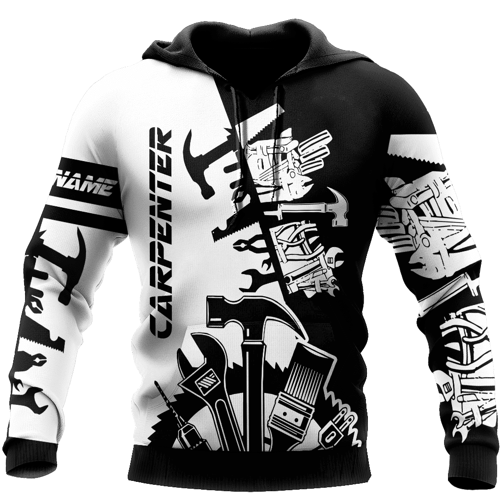 Personalized carpenter hoodie featuring black white tools all-over print