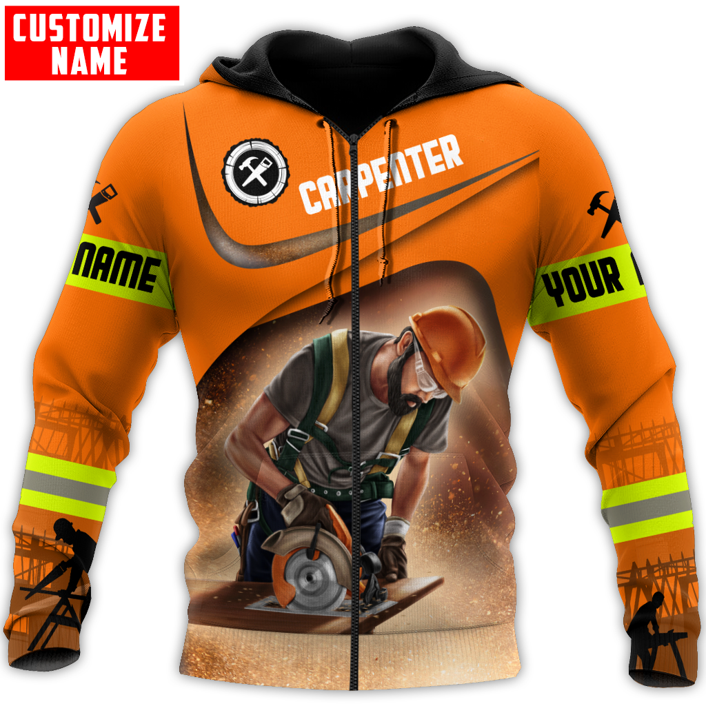 Personalized carpenter zip hoodie featuring orange woodworking tools all-over print