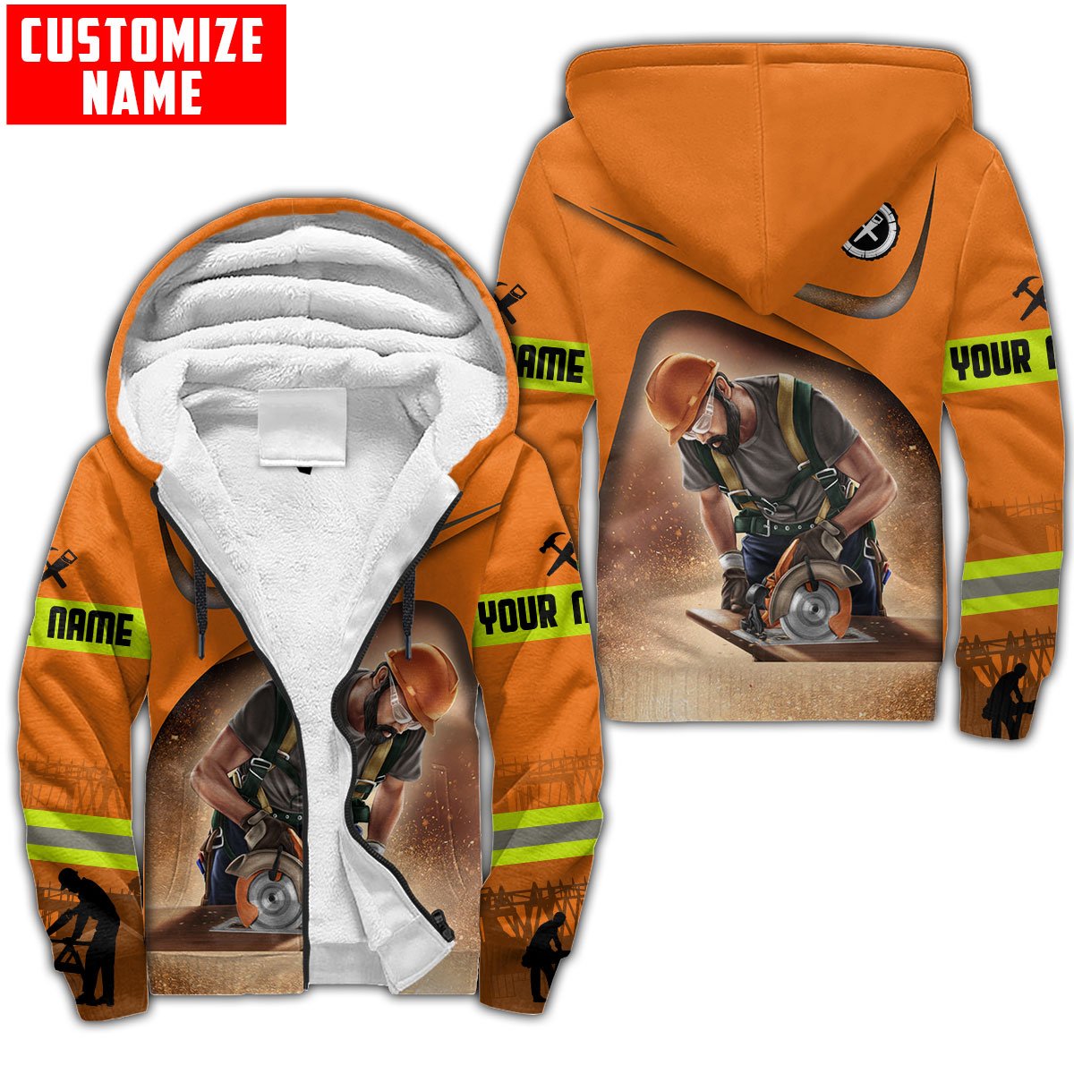 Personalized carpenter fleece zip hoodie featuring orange woodworking tools all-over print