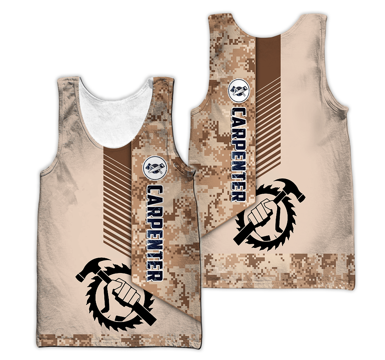 Personalized carpenter tank top featuring brown camo all-over print