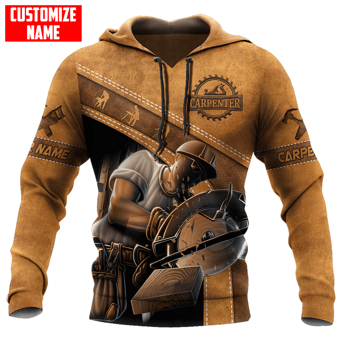 Personalized carpenter hoodie featuring brown leather all-over print