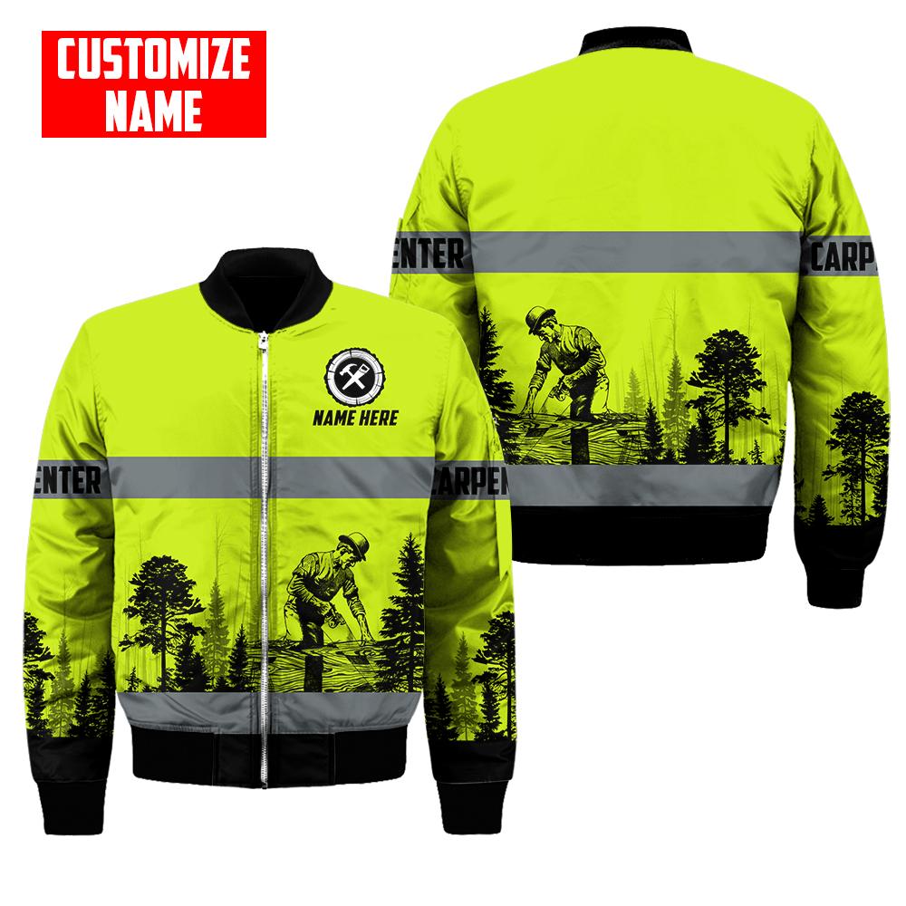 Personalized carpenter bomber jacket featuring neon green stripe print all-over print